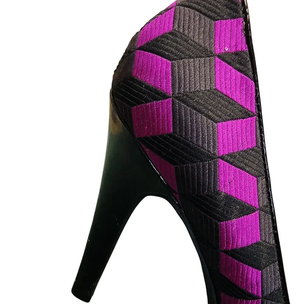 Nine West Women's Shoes, Purple & Black Fabric Peep Toe High Heel Pumps, Sz 8M